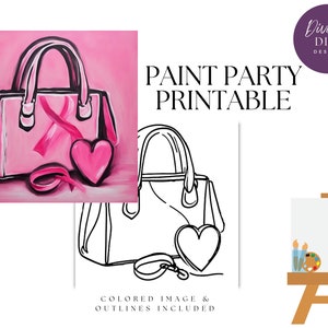 DIY Paint Party Printable, Pre Drawn Canvas, Pink Warrior Purse , Instant Download, Canvas , Breast Cancer ,PNG Digital Download