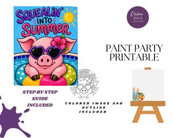 Summer Pig Paint Party Printable: DIY Canvas Art (PNG Digital Download)