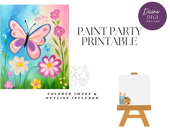 Paint And Sip Kit For Adults - 8x10 Pre-Drawn Canvas Painting Set With Acrylic Paints, Brushes & Color Guide, Flowers & Butterfly Design
