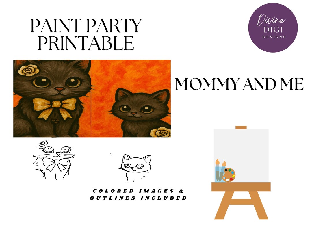 DIY Mommy and Me Paint Party Printable, Pre-drawn Cat and Kitten Canvas ...