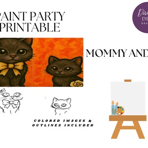 DIY Mommy and Me Paint Party Printable, Pre-Drawn Cat and Kitten Canvas, Instant Download, Diy Canvas Art, Paint Party, PNG Digital Download