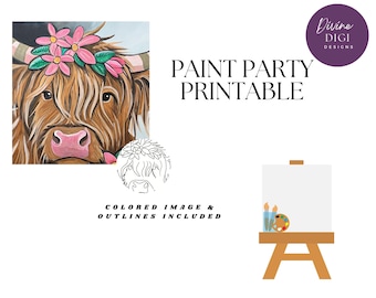 Highland Cow Paint Party Printable: Pink Flowers DIY Canvas Art (PNG Digital Download)
