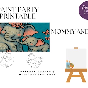 DIY Mommy and Me Paint Party Printable, Pre-Drawn Elephant and her Calf, Instant Download, Canvas Art, Paint Party, PNG Digital Download