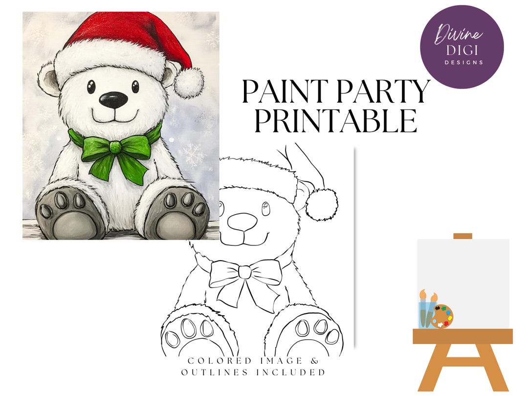 Festa di Natale con orsetto da colorare stampabile: arte su tela