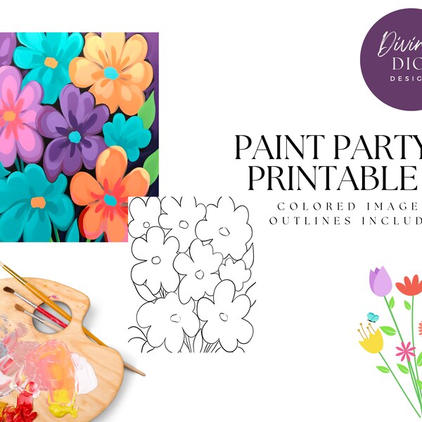 DIY peinture fête imprimable, toile de fleurs colorées mignonnes pré-dessées, téléchargement immédiat, art de toile bricolage, kit de peinture de fête, téléchargement numérique PNG