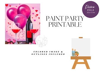 Op de afbeelding: Een digitale schildering van een wijnfles en twee wijnglazen met roze ballonnen en harten op een roze achtergrond. De tekst "PAINT PARTY PRINTABLE" staat in zwarte tekst bovenaan de afbeelding. De tekst "COLORED IMAGE & OUTLINES INCLUDED" staat in zwarte tekst onderaan de afbeelding.