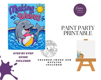 Summer Dolphin Paint Party Printable: DIY Canvas Art (PNG Digital Download)