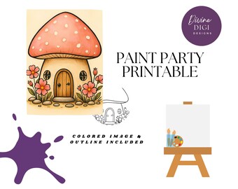 Whimsical Mushroom House Party Printable, Canvas, Paint Party, PNG Instant Digital Download, Coloring Page