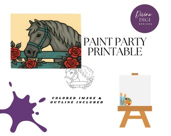 Rustic Gray Horse with Roses Printable: Paint Party Canvas Template (PNG Digital Download)