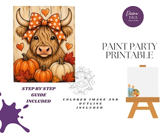 Fall Highland Cow Pumpkin Paint Party Printable: DIY Canvas Art (Digital Download)