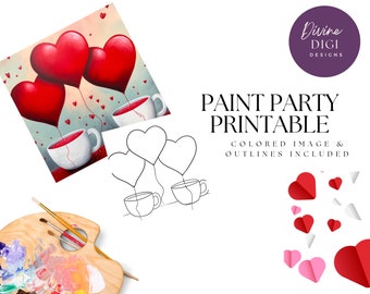 DIY Paint Party Printable, Pre-Drawn Cup of Hearts  Canvas Diy, Instant Download, Diy Canvas Art, Paint Party Kit, PNG Digital Download