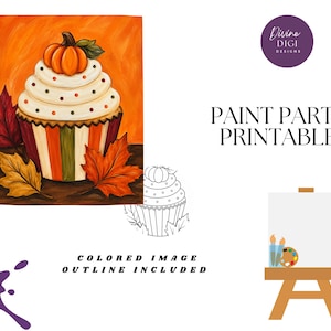 May include: A paint party printable featuring a cupcake topped with a pumpkin, surrounded by autumn leaves on an orange background. Includes a black and white outline version, the text PAINT PARTY PRINTABLE, and a small easel icon with paint supplies.