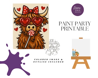 Valentine's Highland Cow  Paint Party Printable| Galentine's Day| DIY Canvas Art (Digital Download)