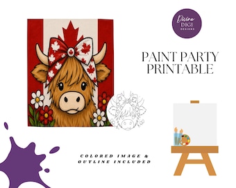 Canadian Highland Cow Paint Party Printable: Canada Day Canvas Art (PNG Digital Download)