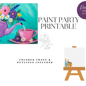 Puede incluir: Un diseño de fiesta de pintura imprimible que presenta una tetera vertiendo té en una taza de té. La tetera y la taza de té son rosas, y el fondo es turquesa. El diseño incluye flores y hojas en varios colores, incluidos morado, amarillo y rosa.