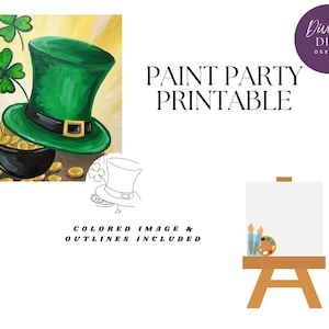 May include: A printable paint party design featuring a green leprechaun hat with a gold buckle, sitting on top of a pot of gold coins. The design includes a black and white outline for painting.