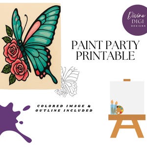 Butterfly & Roses Coloring Page: Paint Party Canvas Art (PNG Digital Download)