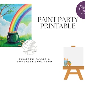 Puede incluir: Un diseño de fiesta de pintura imprimible con un bote de oro al final de un arcoíris. El diseño incluye una imagen coloreada y un contorno para colorear.