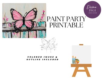May include: A printable paint party design featuring a pink butterfly on a wooden fence. The design includes a coloured image and an outline for painting.