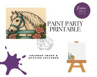 Rustic White Horse & Roses Printable: Paint Party Canvas Art (PNG Digital Download)