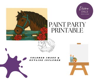 Rustic Horse with Roses Printable: Paint Party Canvas Art (PNG Digital Download)