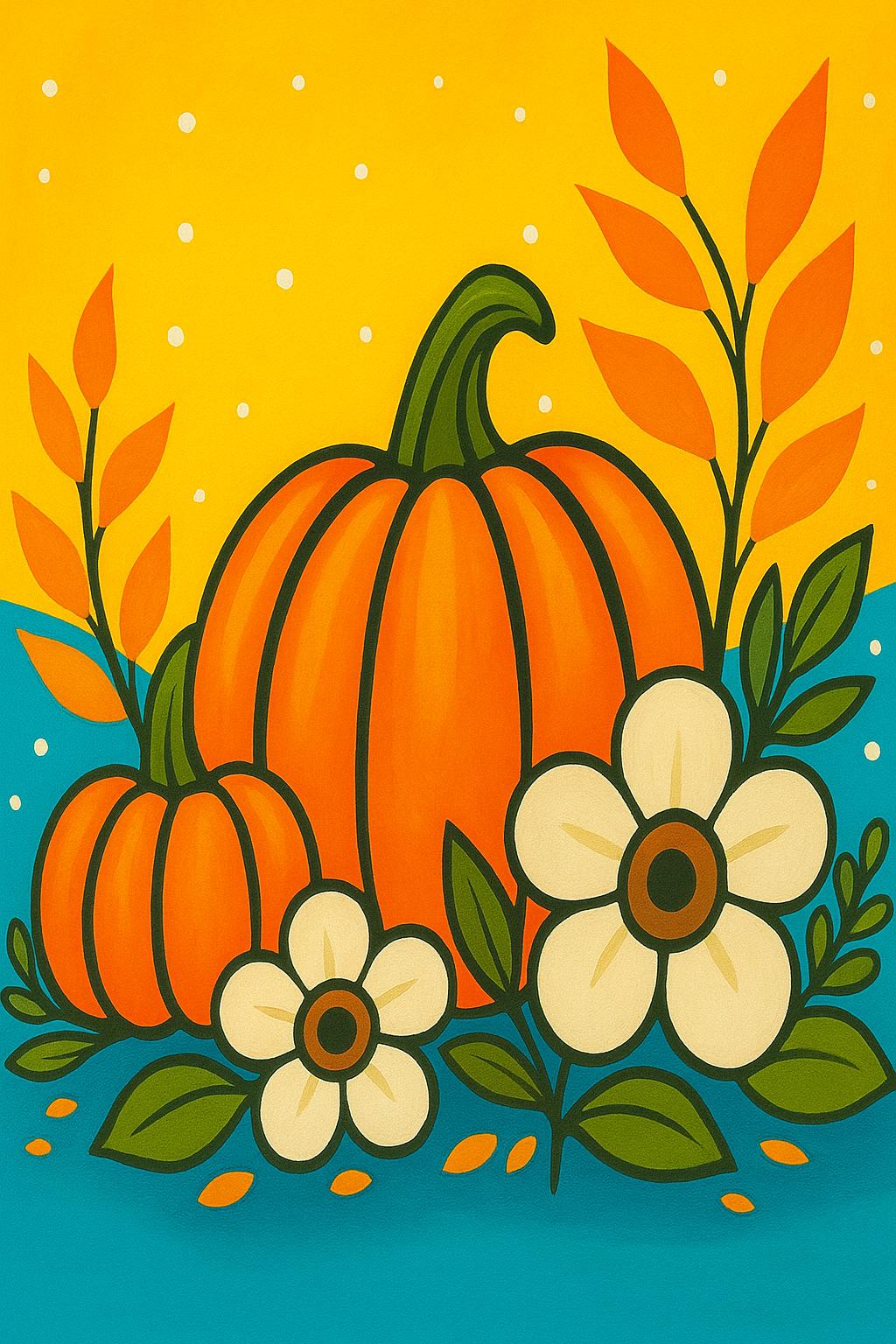 カボチャと秋の花のペイントパーティーテンプレート：DIYキャンバス