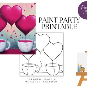 Festa de pintura DIY para impressão, tela de copo de corações pré-desenhada, download instantâneo, arte em tela, festa de pintura, download digital PNG