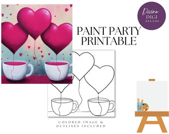 Op de afbeelding: Een printbaar ontwerp voor een verfparty met twee witte koffiekopjes met roze harten die erboven zweven. Het ontwerp bevat een gekleurd beeld en een omtrek om te schilderen.