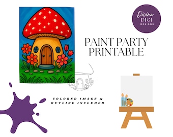 Whimsical Mushroom House Party Printable, Canvas, Paint Party, PNG Instant Digital Download, Coloring Page