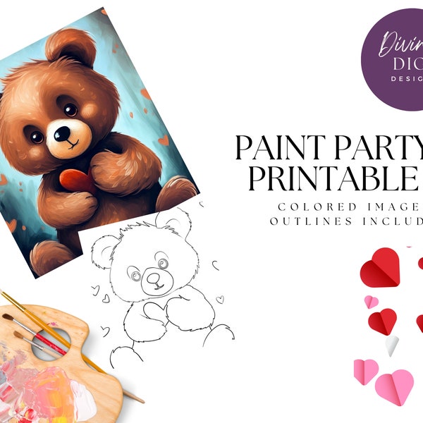 DIY Paint Party Printable, Pre-Drawn Love Bear Canvas Diy, Instant Download, Diy Canvas Art, Paint Party Kit, PNG Digital Download
