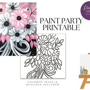 Paint Party Printable, Pink Flowers, Instant Download, Breast Cancer Awareness, PNG Digital Download, Survivor, Coloring Page