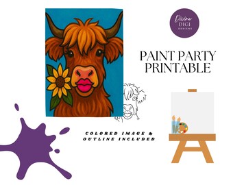 Highland Cow Sunflower DIY Painting Template: Canvas Art (PNG Digital Download)