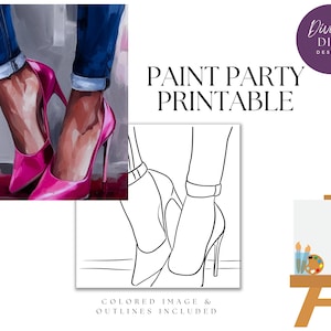 DIY Paint Party Printable, Pre Drawn Canvas, High Heels with Denim Jeans , Instant Download, Canvas , Breast Cancer,PNG Digital Download