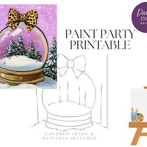 May include: A printable paint party design featuring a snow globe with a leopard print bow on top. The design includes a coloured image and a black and white outline for painting.