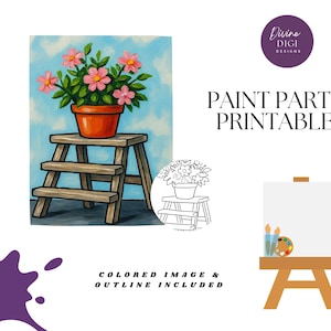 Könnte beinhalten: Digitaldruck mit einer Illustration einer Topfpflanze mit rosa Blüten auf einem Holzschemel. Der Text "PAINT PARTY PRINTABLE" und "COLORED IMAGE & OUTLINE INCLUDED" sind enthalten.