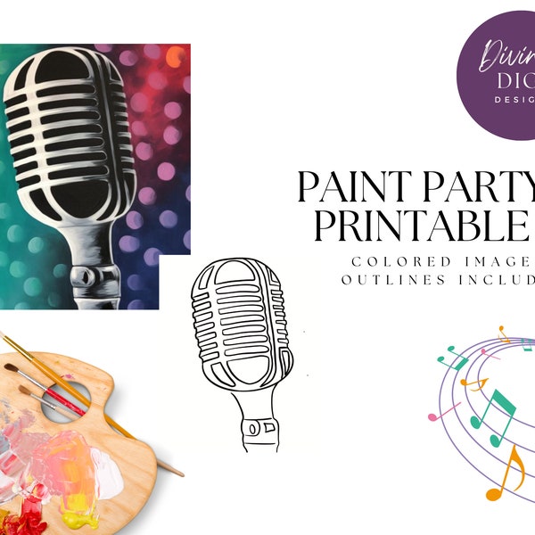 DIY Paint Party Printable, Pre-Drawn Cute Microphone Music vibes, Instant Download, Diy Canvas Art, Paint Party Kit, PNG Digital Download