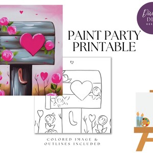 DIY Paint Party afdrukbaar, vooraf getekende schattige liefdespost, Instant Download, Canvaskunst, Paint Party, digitale png-download, kleurplaat