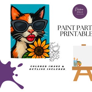 Cool Cat with Sunflower DIY Acrylic Paint Kit| Canvas Art Paint Part| PNG Digital Download