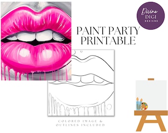 Hot Pink Lips Pre Drawn Canvas: DIY Paint Party Printable (PNG Digital Download)