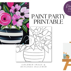 DIY Paint Party druckbare Vase, vorgezeichnete Vase mit rosa und roten Blumen, Instant Download, Diy Canvas, PNG digitaler Download