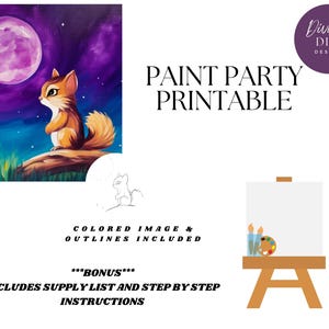 Fiesta de pintura DIY imprimible, ardilla de luz de luna prediseñada, descarga instantánea, arte en lienzo, descarga digital PNG, instrucciones paso a paso