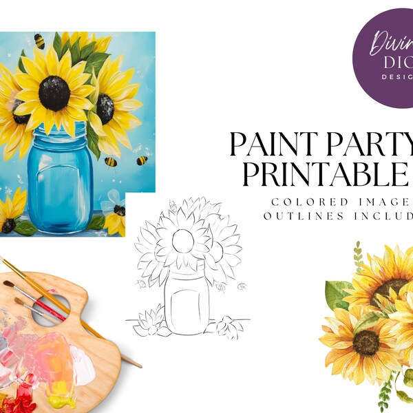 DIY Paint Party Printable, Pre-Drawn Sunflowers in a mason jar Canvas , Instant Download, Diy Canvas Art, PNG Digital Download