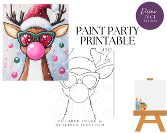 May include: A printable paint party design featuring a cartoon reindeer wearing a Santa hat and sunglasses, blowing a bubble. The design includes a colored image and an outline for coloring.