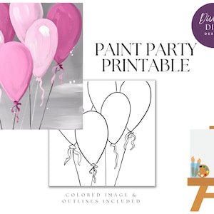 Paint Party Printable, Pre Drawn Canvas,  Pink Balloons, Instant Download, Canvas , Breast Cancer,PNG Digital Download, Breast Cancer
