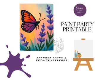 May include: A digital art print showing a butterfly with orange and purple wings, set against lavender and green foliage. The text "PAINT PARTY PRINTABLE" is displayed, along with a paint splatter and a small easel with art supplies.