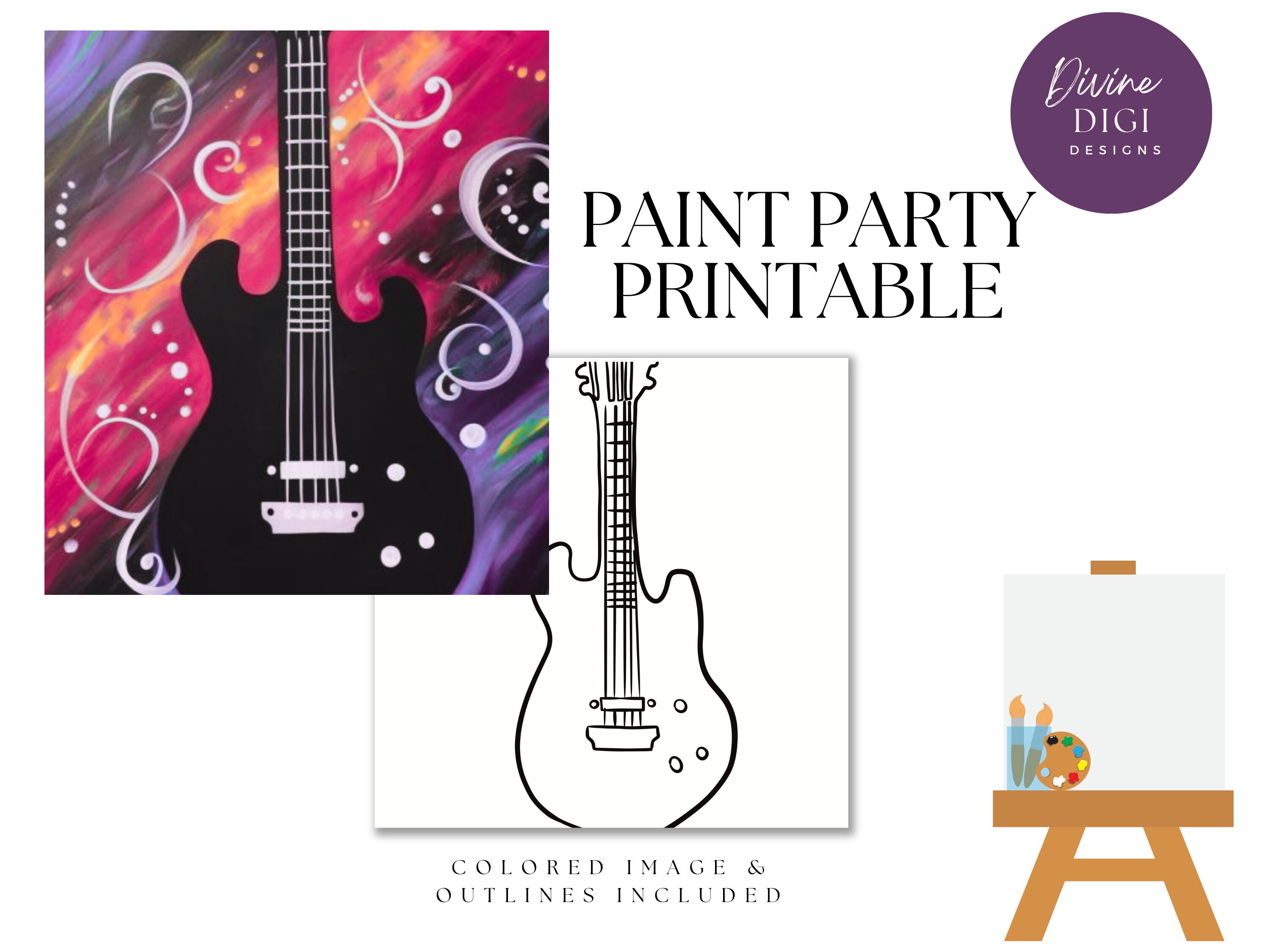 Electric Guitar Paint Party Printable: DIY Canvas Art (PNG Digital