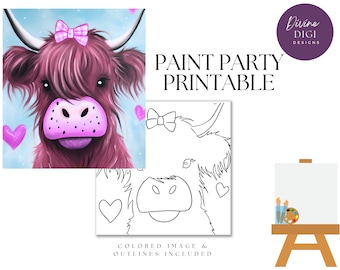 Highland Cow Paint Party Printable, Pre-Drawn Canvas (PNG Digital Download)