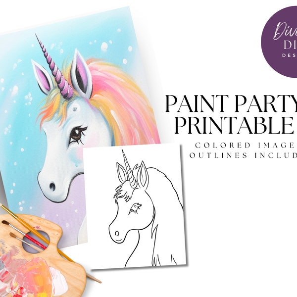 DIY Paint Party Printable, Pre-Drawn Cute Unicorn Canvas Diy, Instant Download, Diy Canvas Art, Paint Party Kit, PNG Digital Download