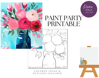 Pode incluir: Um design imprimível para uma festa de pintura com um buquê de flores rosa, vermelhas e brancas em um frasco de vidro azul. O design inclui uma imagem colorida e um contorno para pintar.