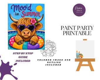 Summer Highland Cow Paint Party Printable: DIY Canvas Art (PNG Digital Download)